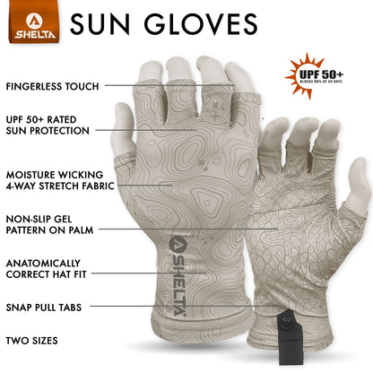 SHELTA sun gloves with features highlighted on a white background