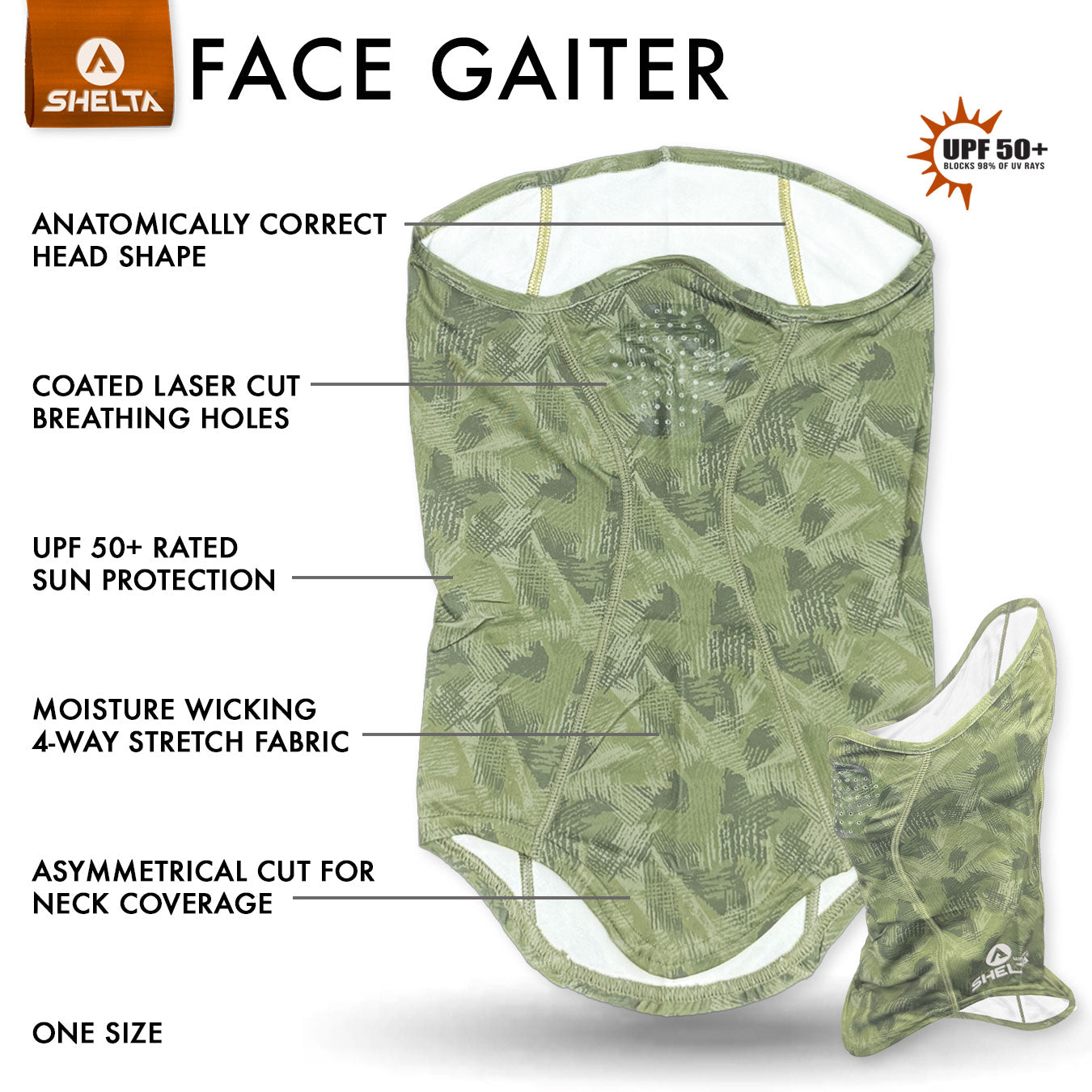 Shelta Face Gaitor in Palm Green color features
