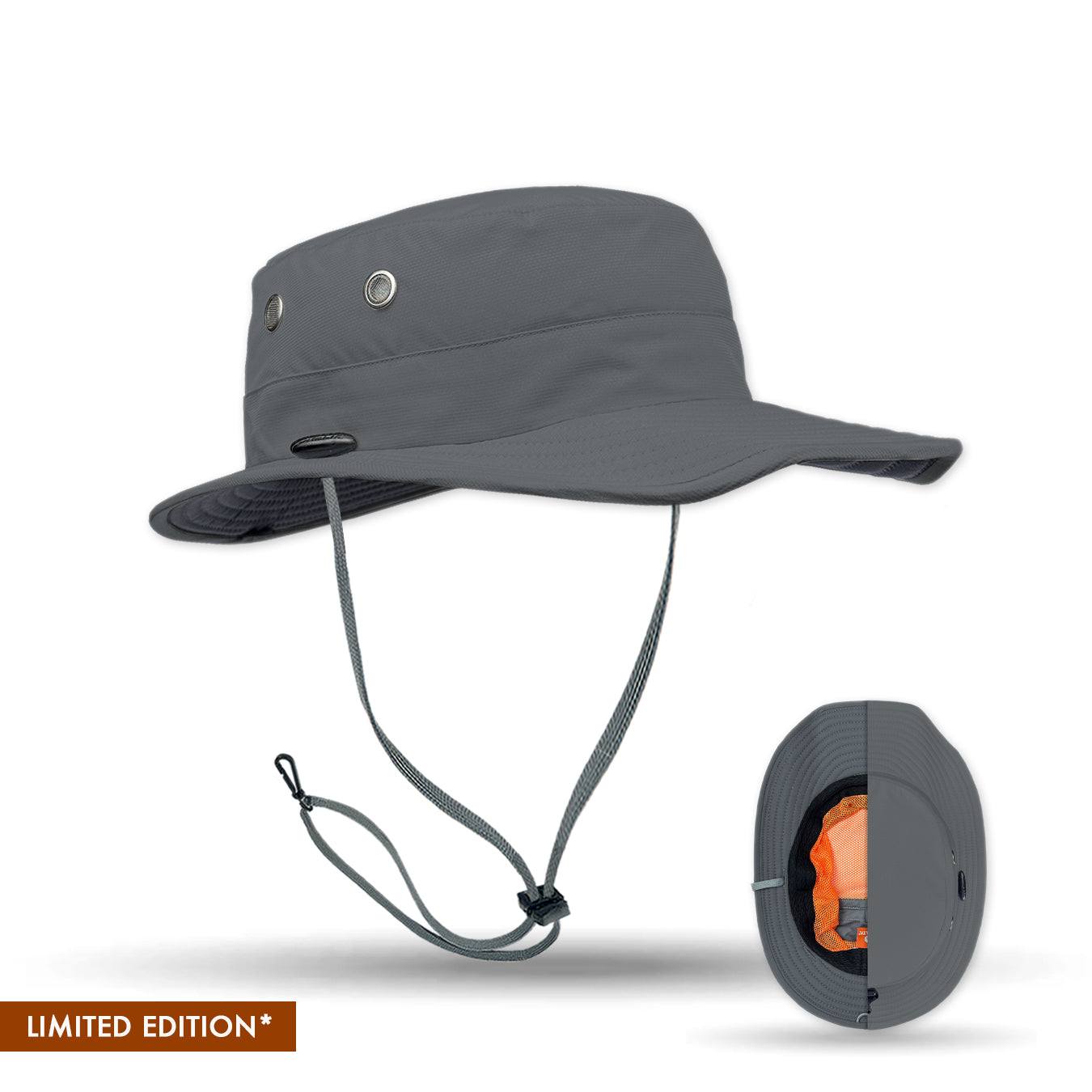 Gray no flop sun hat with chin strap on a white background