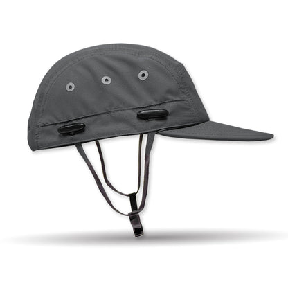 Gray bucket hat with chin strap on a white background
