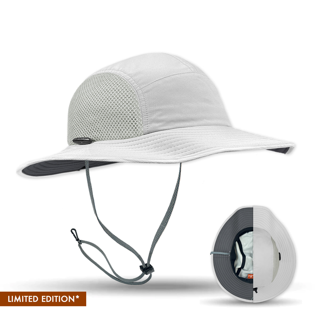 White Shelta sun hat with a chin strap on a white background