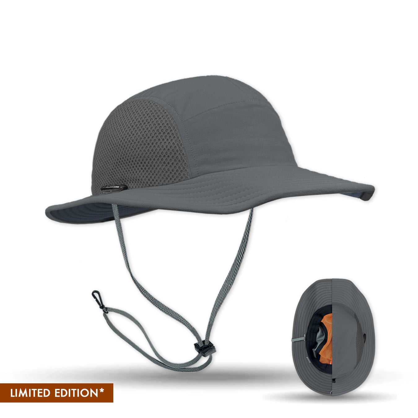 Gray Shelta Merlin sun hat with a chin strap on a white background