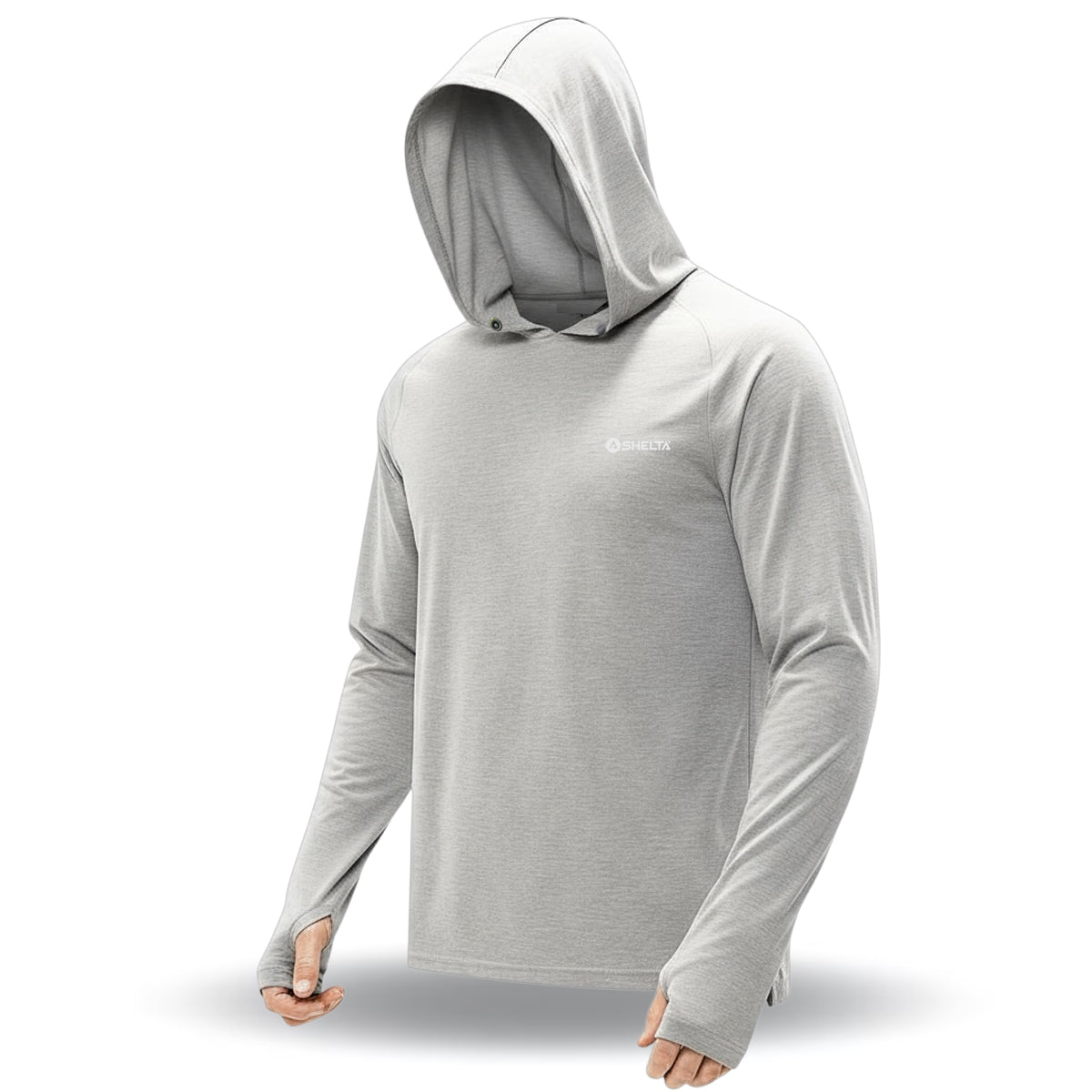 Light gray hoodie with mesh hood on a white background