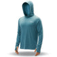 Blue hooded long-sleeve shirt on a white background