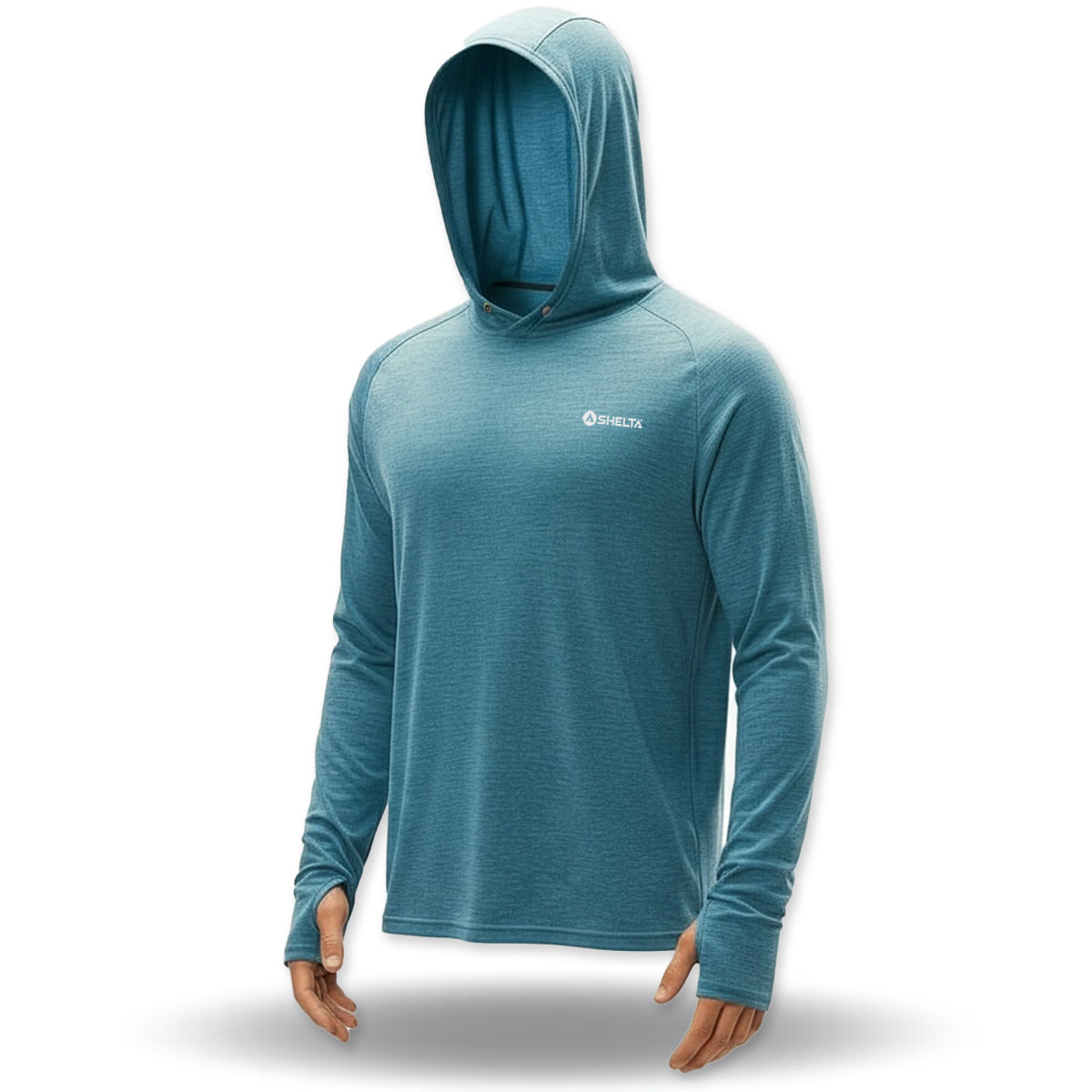 Blue hooded long-sleeve shirt on a white background
