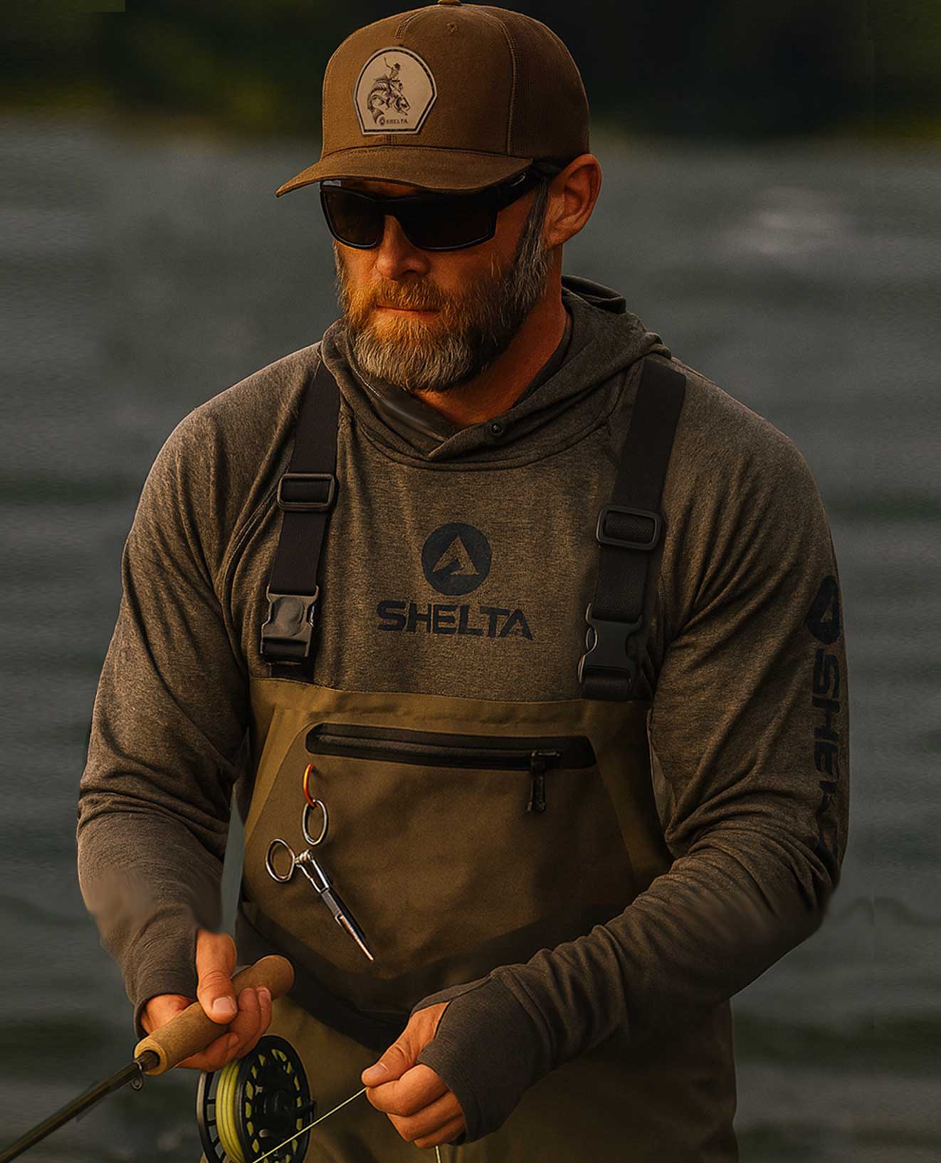 Man wearing a cap and sunglasses, holding a fishing rod with a blurred water background
