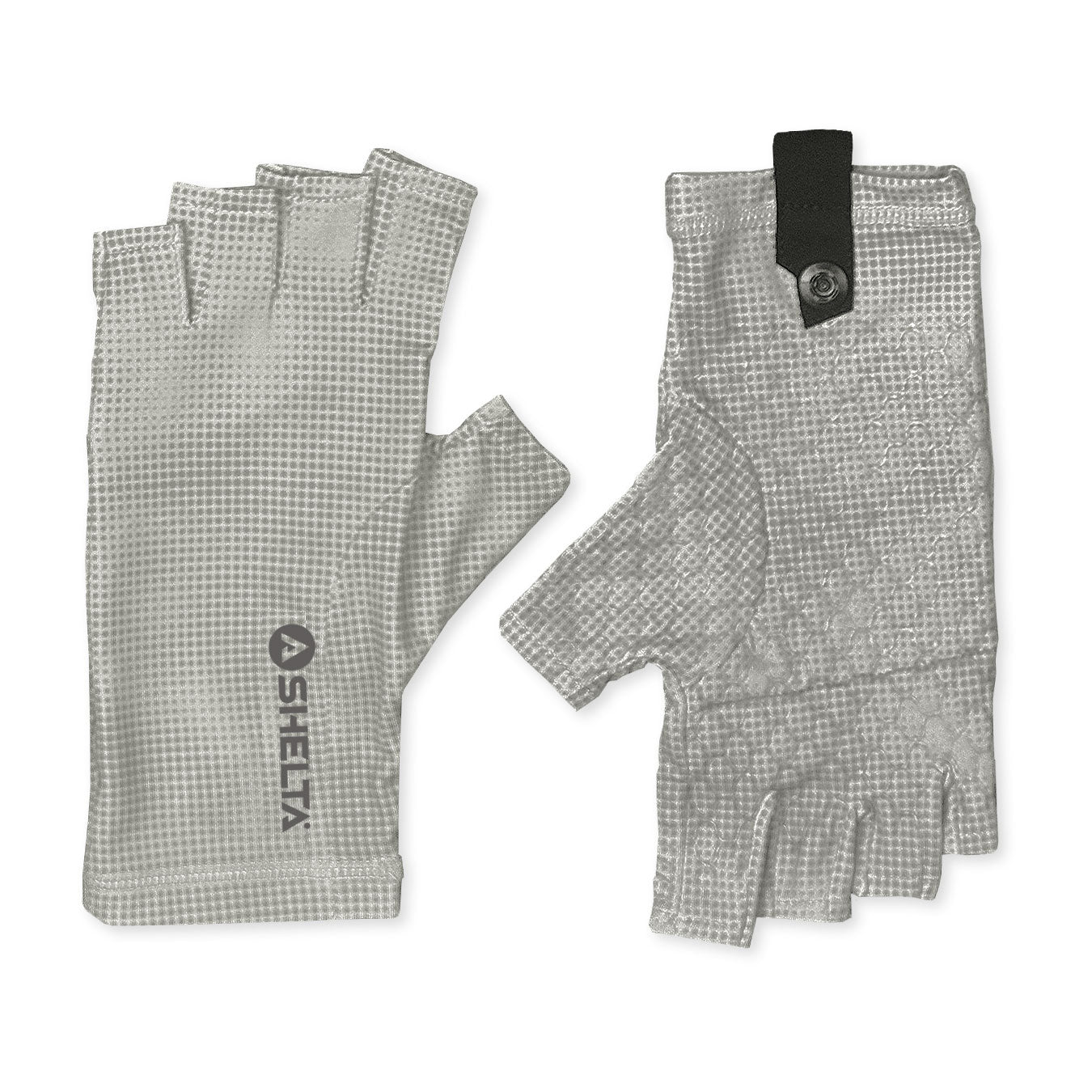 Pair of gray fingelrless sun gloves with a shelta brand logo 