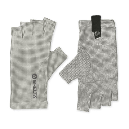 Pair of gray fingelrless sun gloves with a shelta brand logo 
