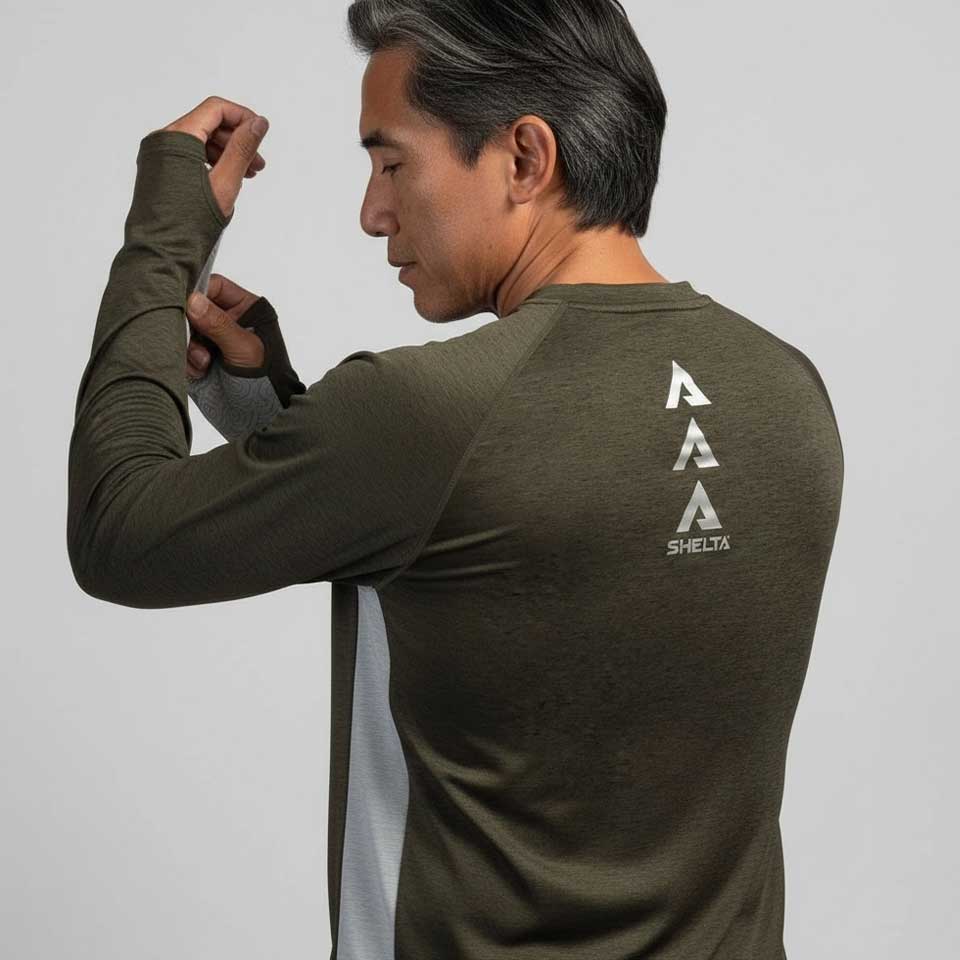 Man wearing a green long-sleeve shirt with a logo on the back, against a plain background