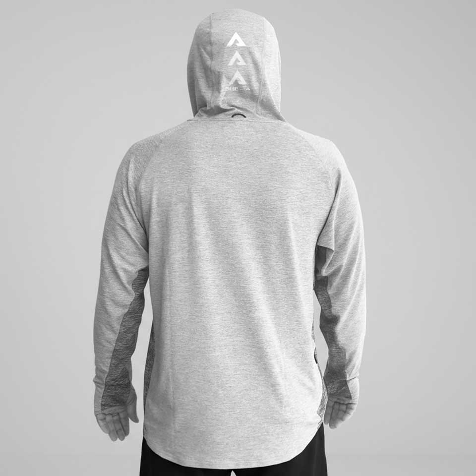 Gray hoodie with a logo on the back against a light gray background