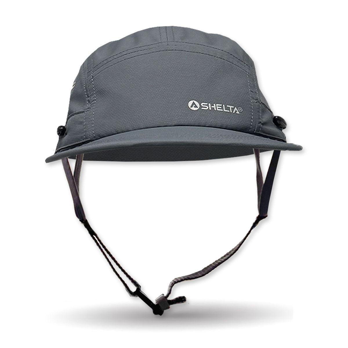 Grey 5 panel cap with chin strap
