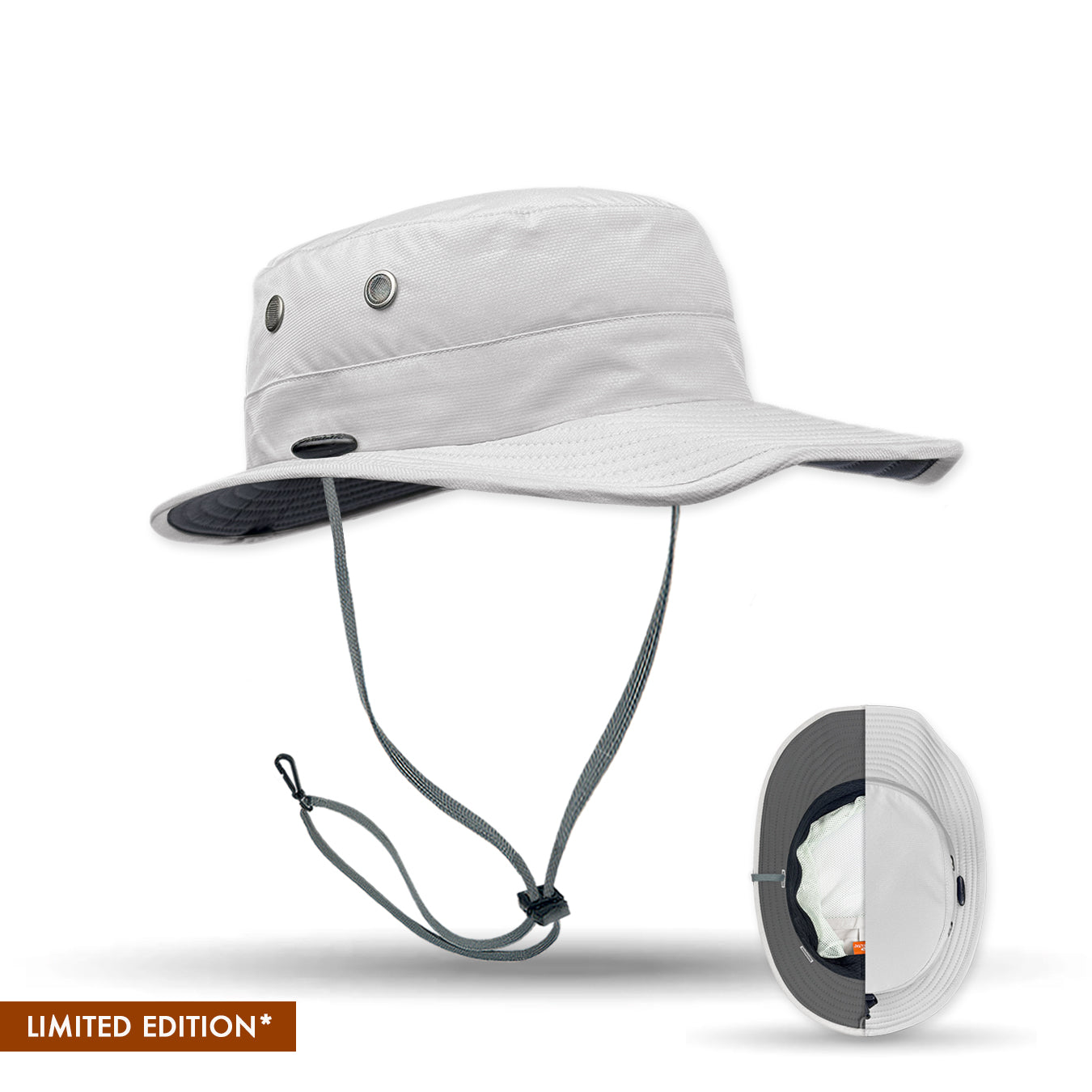 White No Flop sun hat with detachable chin strap on a white background