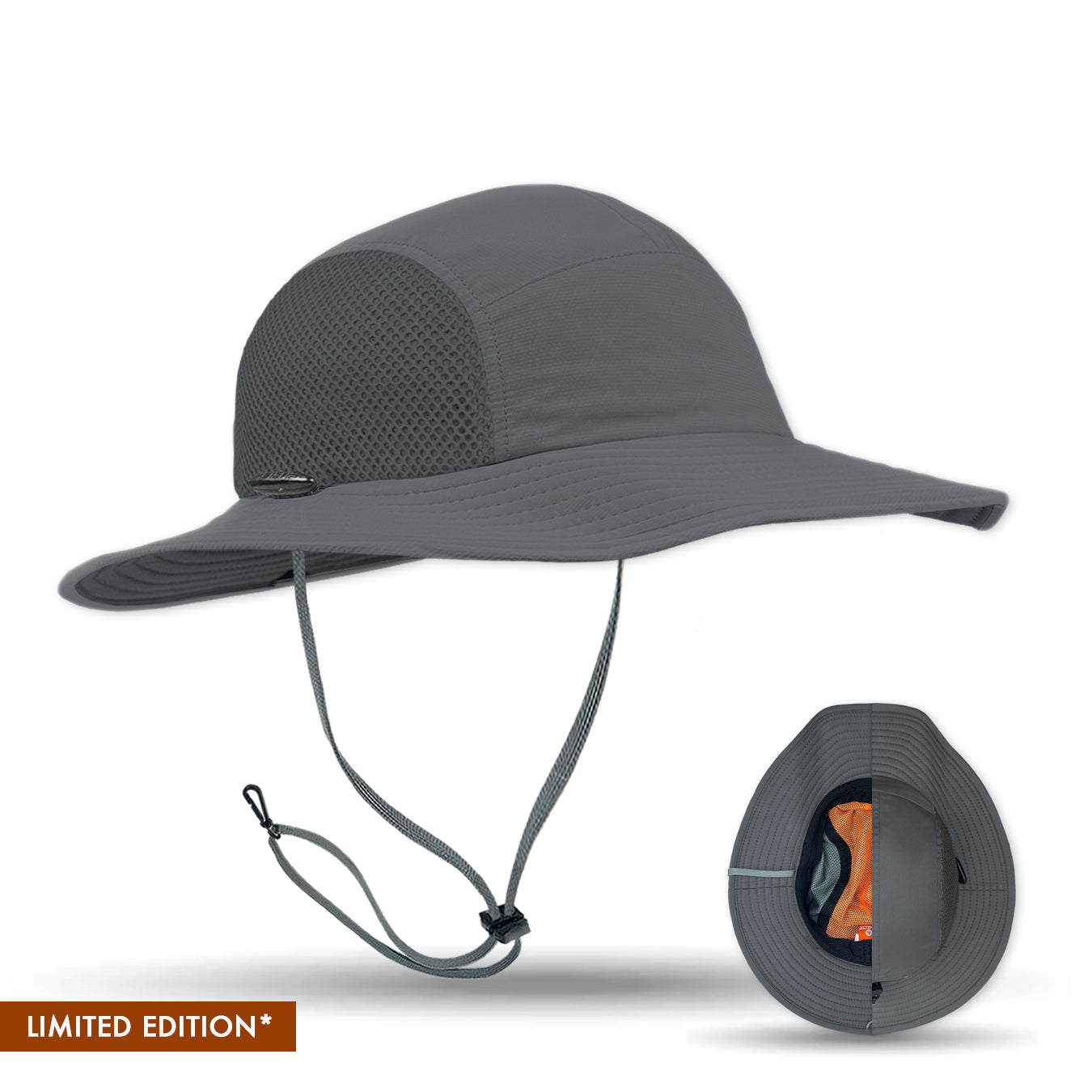 Gray wide-brimmed hat with a limited edition label on a white background