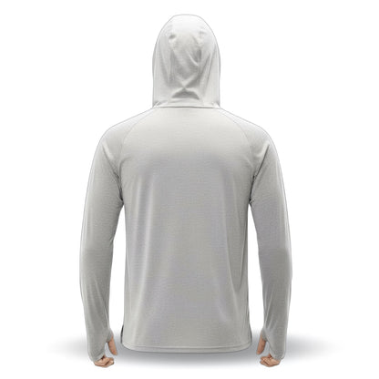 Back view of a person wearing a gray hoodie on a white background