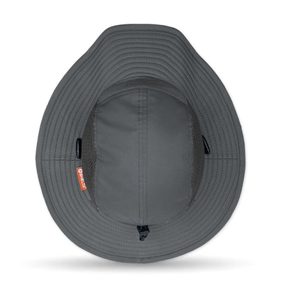 Gray bucket hat with a brand logo on a white background