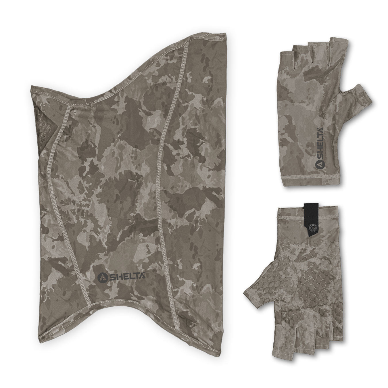 Shelta fingerless sun gloves in Brush Camo color with matching face gaitor