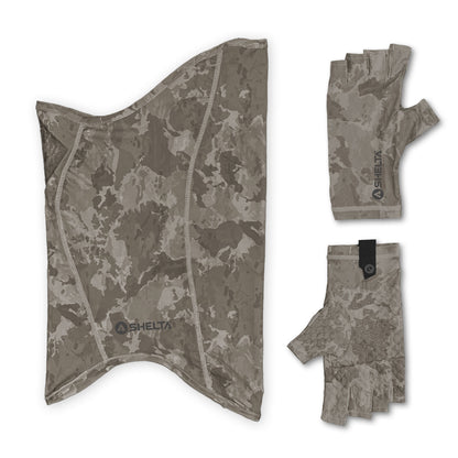 Shelta fingerless sun gloves in Brush Camo color with matching face gaitor