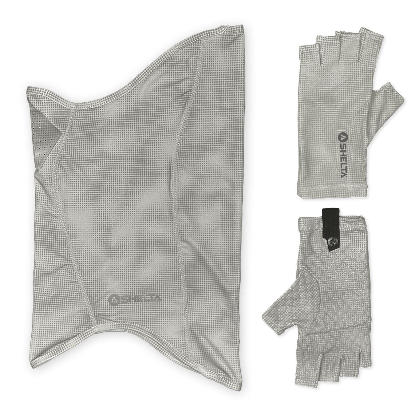 Pair of gray fingelrless sun gloves with a shelta brand logo with mathing gaiter