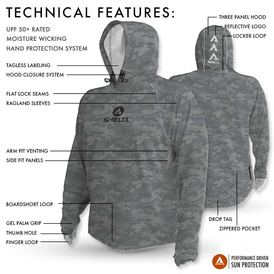 Gray hooded jacket with technical features labeled on a white background