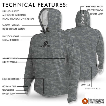 Gray hooded jacket with technical features labeled on a white background