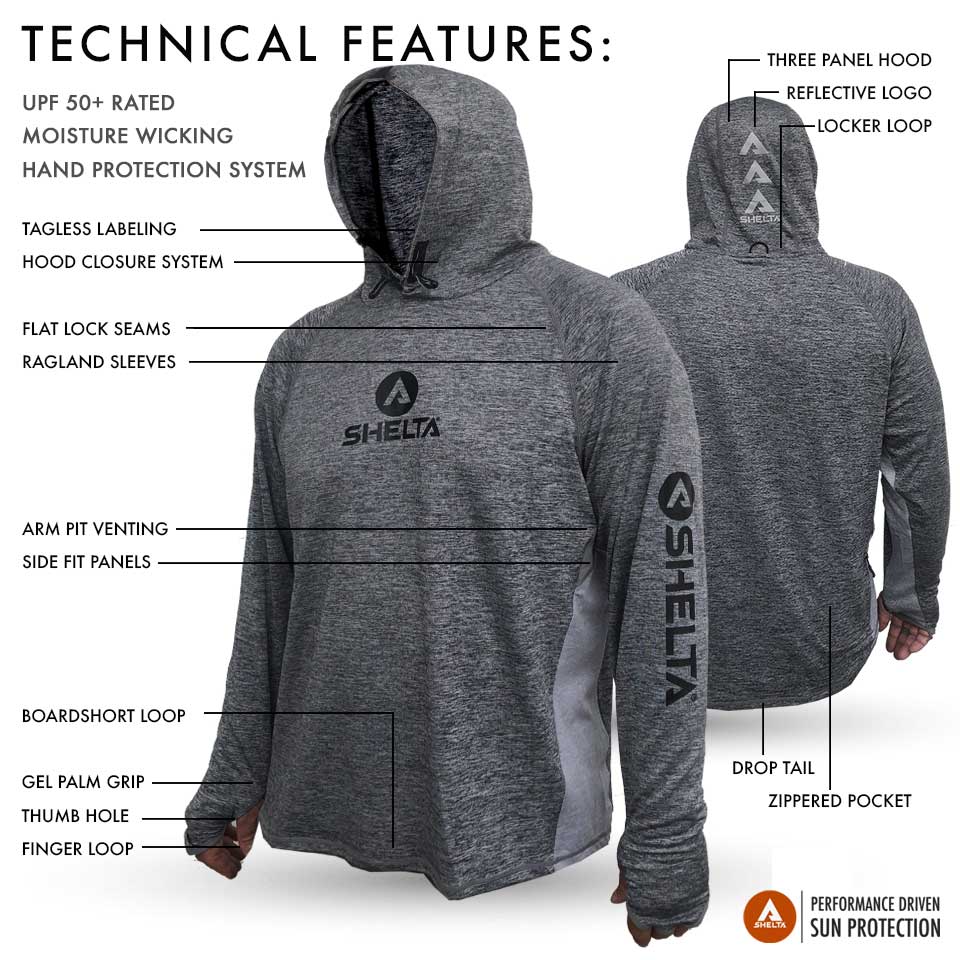 Gray hoodie with Shelta branding and technical features highlighted on a white background