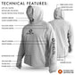 Gray hoodie with SHELTA branding and technical features highlighted on a white background