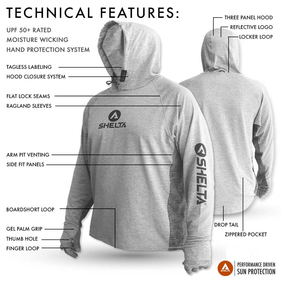Gray hoodie with SHELTA branding and technical features highlighted on a white background