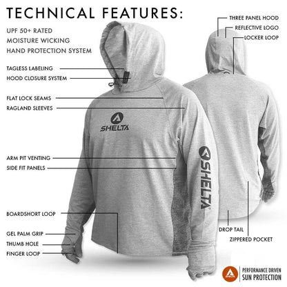 Gray hoodie with SHELTA branding and technical features highlighted on a white background