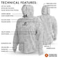 Hooded jacket with technical features labeled on a white background