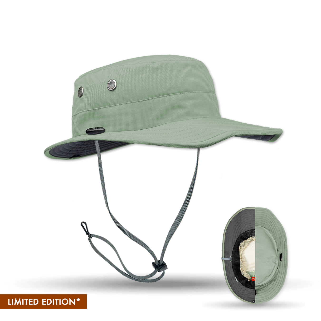 Green  No Flop sun hat with detachable chin strap on a white background, featuring 'Limited Edition' label.