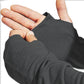 Close-up of a hand wearing black fingerless gloves on a white background