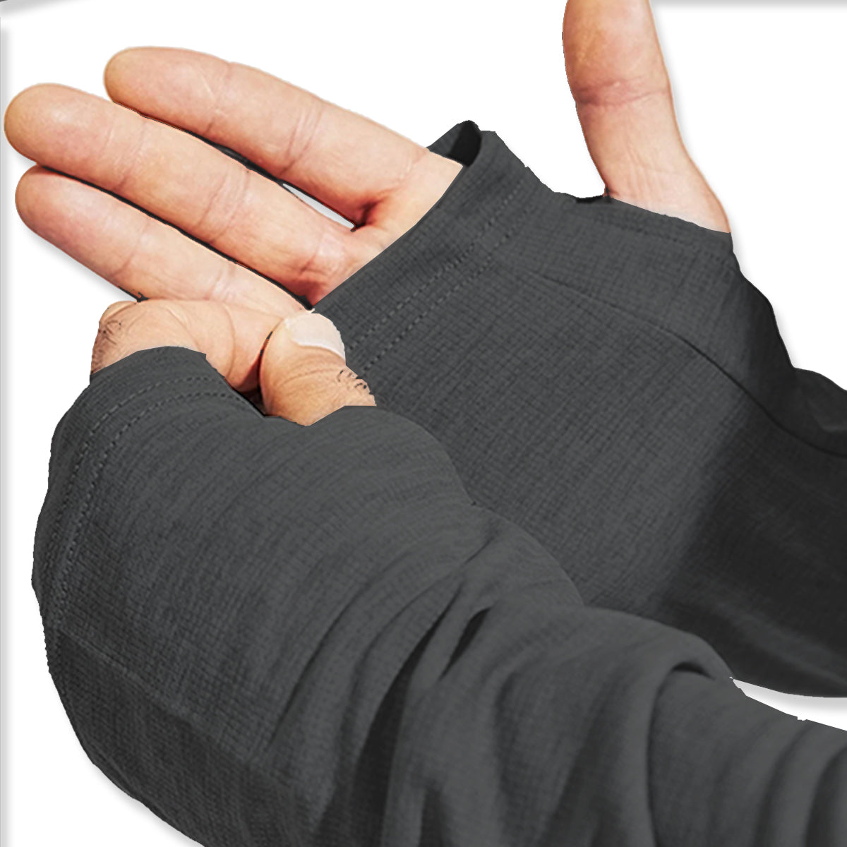 Close-up of a hand wearing black fingerless gloves on a white background