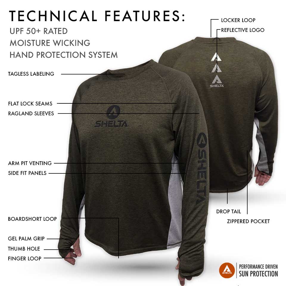 Shelta long-sleeve shirt with technical features highlighted on a white background