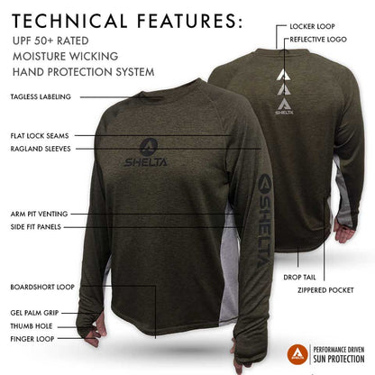 Shelta long-sleeve shirt with technical features highlighted on a white background