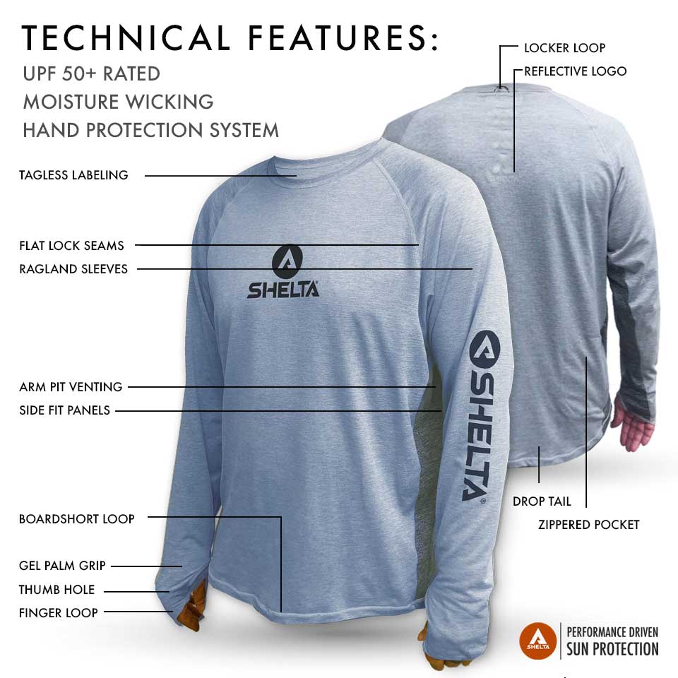 Blue long-sleeve shirt with Shelta branding and technical features highlighted on a white background.