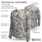 Camouflage long-sleeve shirt with technical features labeled on a white background