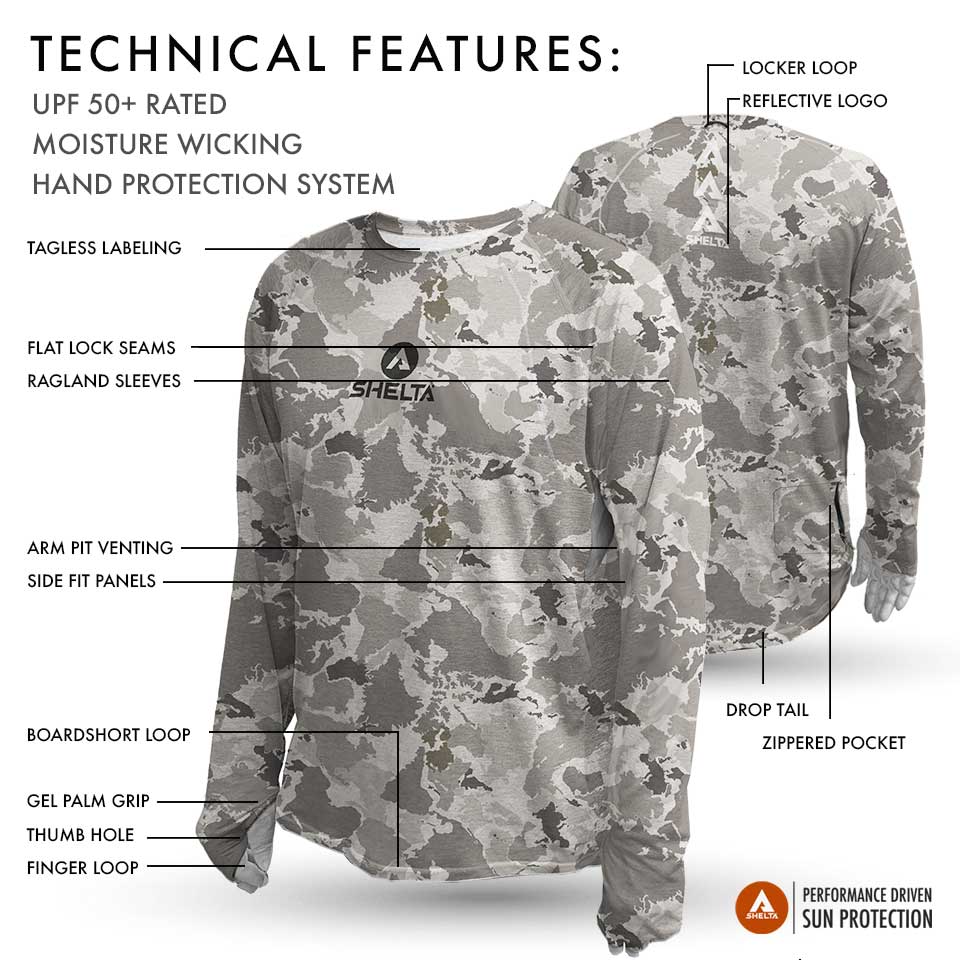 Camouflage long-sleeve shirt with technical features labeled on a white background