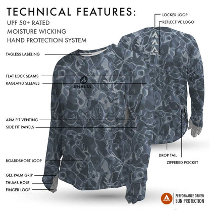 Technical features of a long-sleeve shirt with labels pointing out various design elements and features.