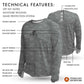 Gray long-sleeve shirt with technical features labeled on a white background