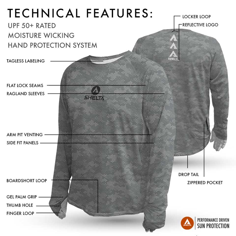 Gray long-sleeve shirt with technical features labeled on a white background