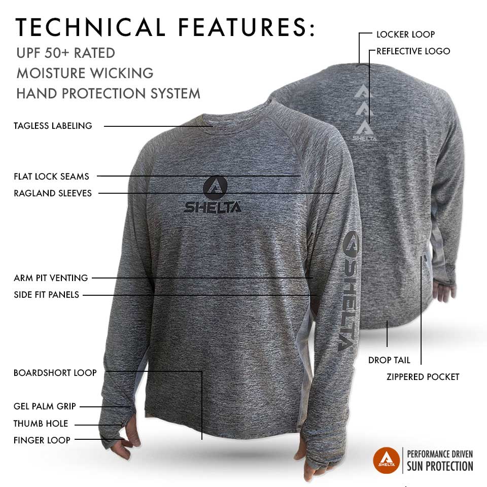 Gray long-sleeve shirt with Shelta branding and technical features highlighted on a white background.