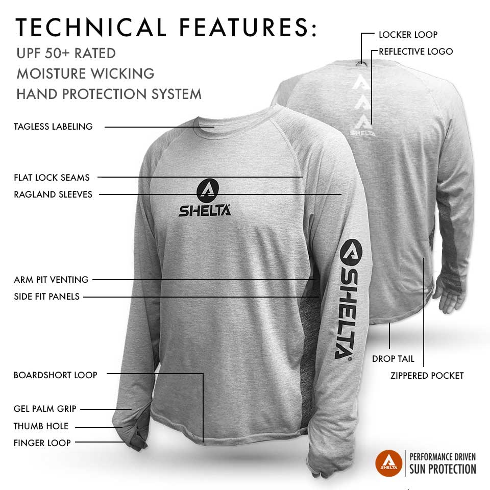 Gray long-sleeve shirt with Shelta branding and technical features highlighted