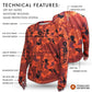 Orange camouflage long-sleeve shirt with technical features labeled on a white background