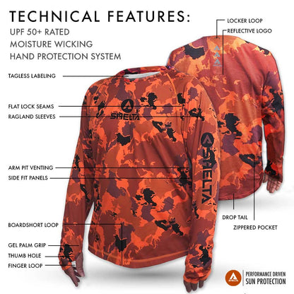 Orange camouflage long-sleeve shirt with technical features labeled on a white background