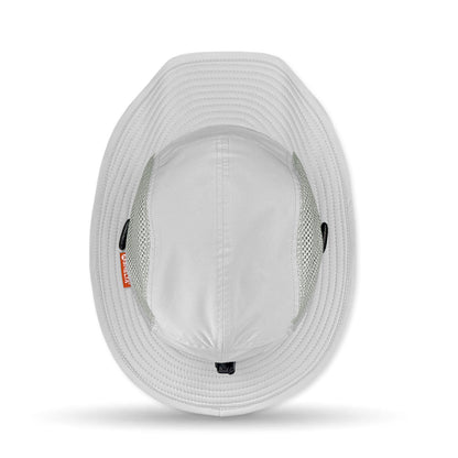 White bucket hat with mesh design on a white background