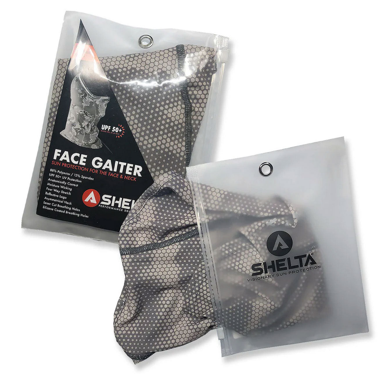 Shelta face gaiter packaging on a white background