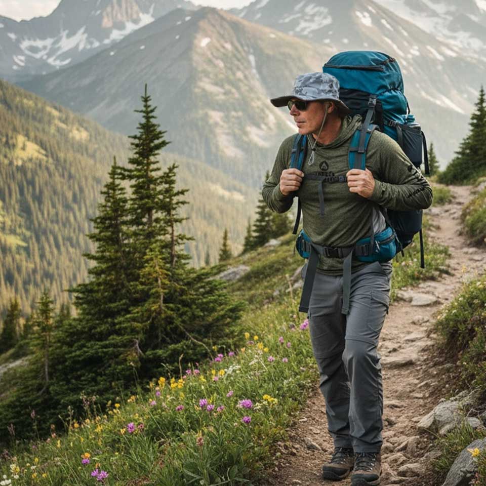 Hiker with a large backpack walking on a mountain trail with mountains and trees in the background.
