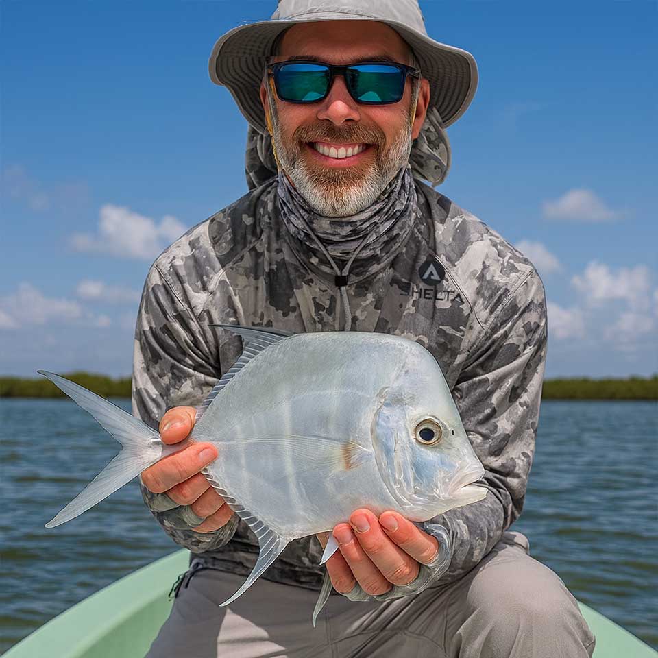 Man holding a fish on a boat with water and sky in the background