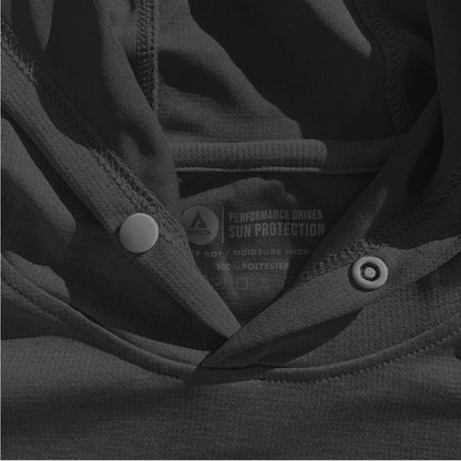 Close-up of a black garment with buttons and text on a dark background