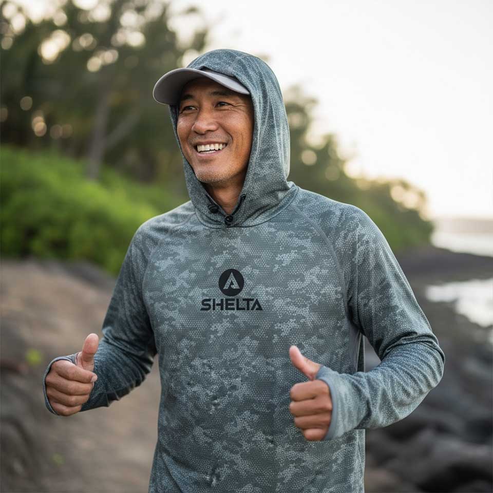 Person wearing a hooded shirt with Shelta logo outdoors